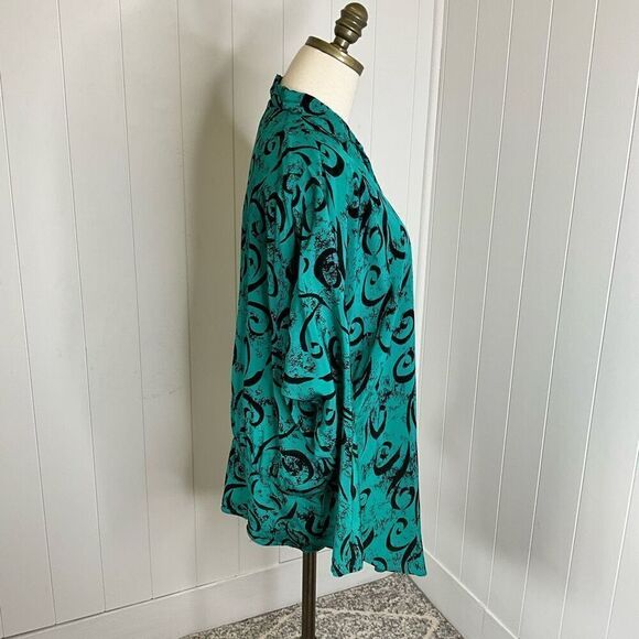 Vintage Saint Jermaine Paris Womens 1X Button Front Tunic Top Green Black Swirls - Picture 6 of 16